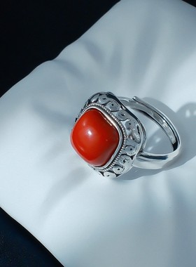 民族风唐草纹合成红玛瑙方形戒指新中式复古国风感气质指环