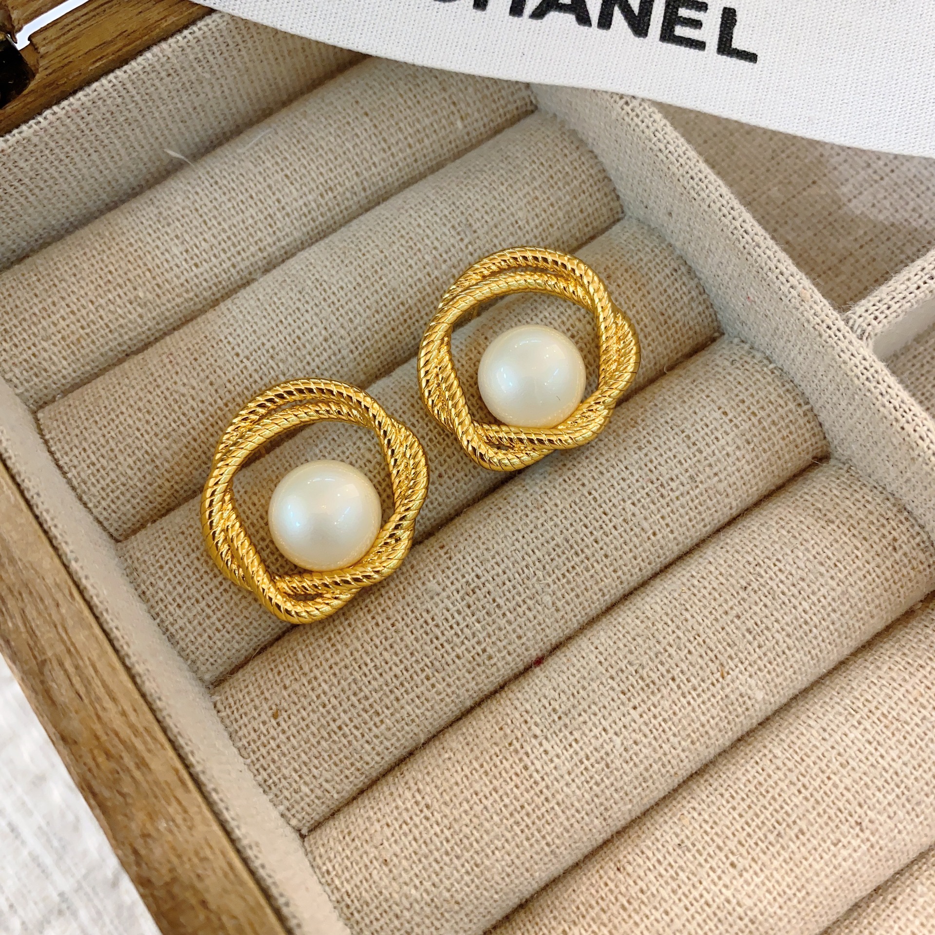 法式复古vintage扭曲麻花缠绕珍珠圆环耳钉中古气质镂空圆形耳环