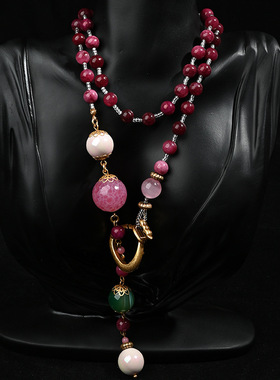 vintage中古饰品长款琉璃毛衣链天然石复古风项链轻奢感首饰