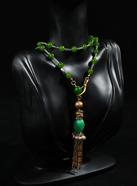 祖母绿长款玉髓玉石项链中式串珠流苏毛衣链斜挎链女民族风首饰
