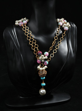 天然花石珍珠两层叠戴长款浮雕铜合金龙珠流苏吊坠项链毛衣链