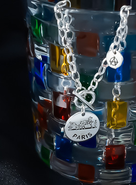 跨境爆款冷淡风paris英文圆牌项链OT扣小众百搭时尚复古法国颈链