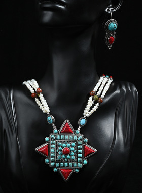 西藏民族风藏银复古天然淡水珍珠蓝松石项链纯手工纯银耳钩耳饰