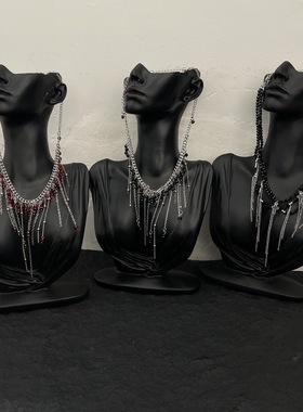 黑红色水晶十字架多层流苏项链女甜酷风串珠个性锁骨链choker颈链