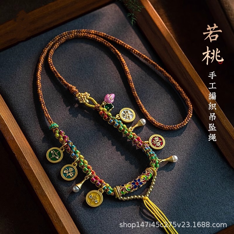 原创藏式五路财神吊坠挂绳手工编织五彩桃花绳唐卡佛牌项链绳挂