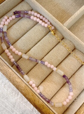 春夏季极细项链女简约新款颈链小众轻奢天然石混彩粉紫色锁骨链女