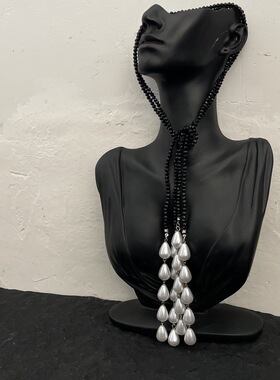 水滴珍珠黑色水晶串珠长款项链时尚多种戴法锁骨链感颈链配饰