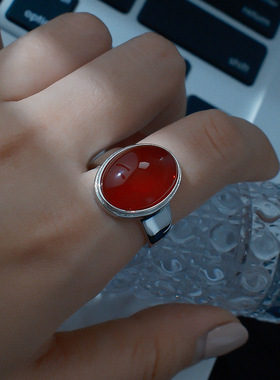 中国风感合成红玛瑙复古戒指女气质国潮开口指环食指戒