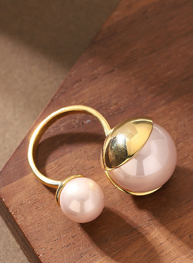 跨境时尚夸张大气正圆施家珍珠可调节开口戒指小众感闺蜜手饰