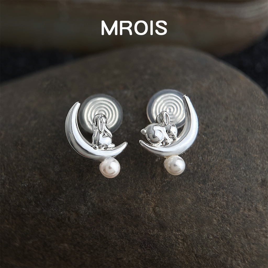 望月~原创小众创意月亮兔子珍珠耳钉AB款趣味设计师款轻奢耳饰女