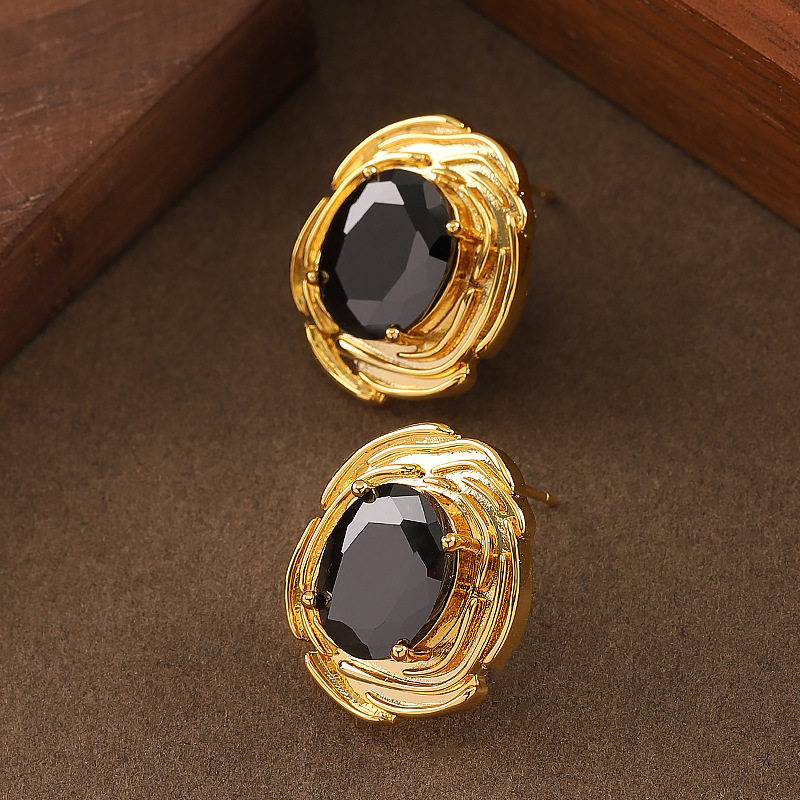 铜镀18k真金 优雅精致轻奢风玻璃水晶耳钉时髦个性感银针耳饰