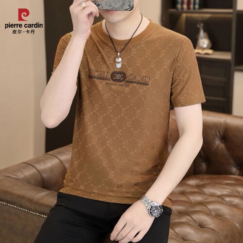 皮尔卡丹男士轻奢时尚夏季冰丝提花休闲短t袖圆领百搭薄款T恤半袖