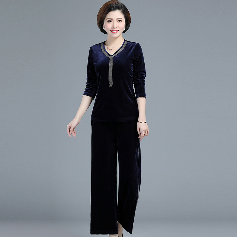 中年女装春装金丝绒长袖卫衣洋气套装妈妈装秋季加肥加大码两件套