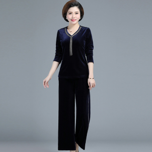 中年女装春装金丝绒长袖卫衣洋气套装妈妈装秋季加肥加大码两件套