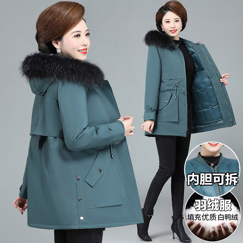 妈妈冬装派克羽绒服女可拆卸式内胆中老年秋冬百搭加厚白鸭绒外套