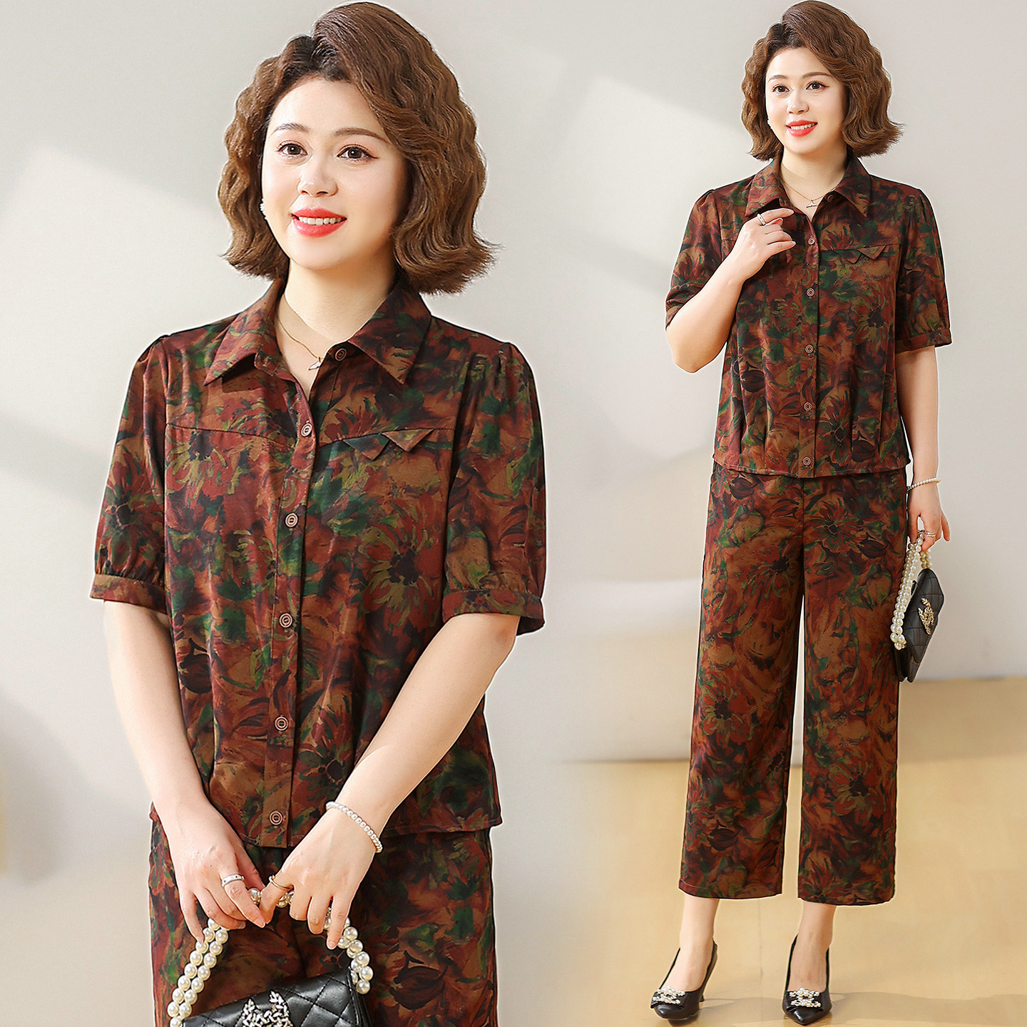 新款夏季中老年女装印花短袖衬衫阔腿裤两件套女时尚气质休闲套装