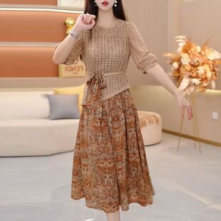 时尚减龄镂空外披印花连衣裙两件套女2026秋季新款优雅A字中长裙