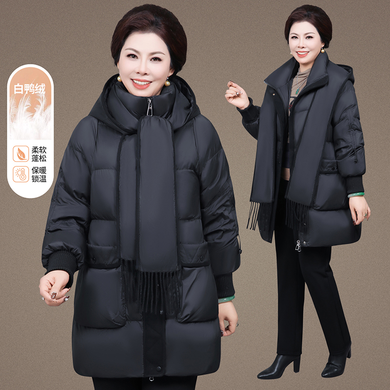2025冬季时尚优雅加厚白鸭绒羽绒服女中老年妈妈中长款连帽外套潮