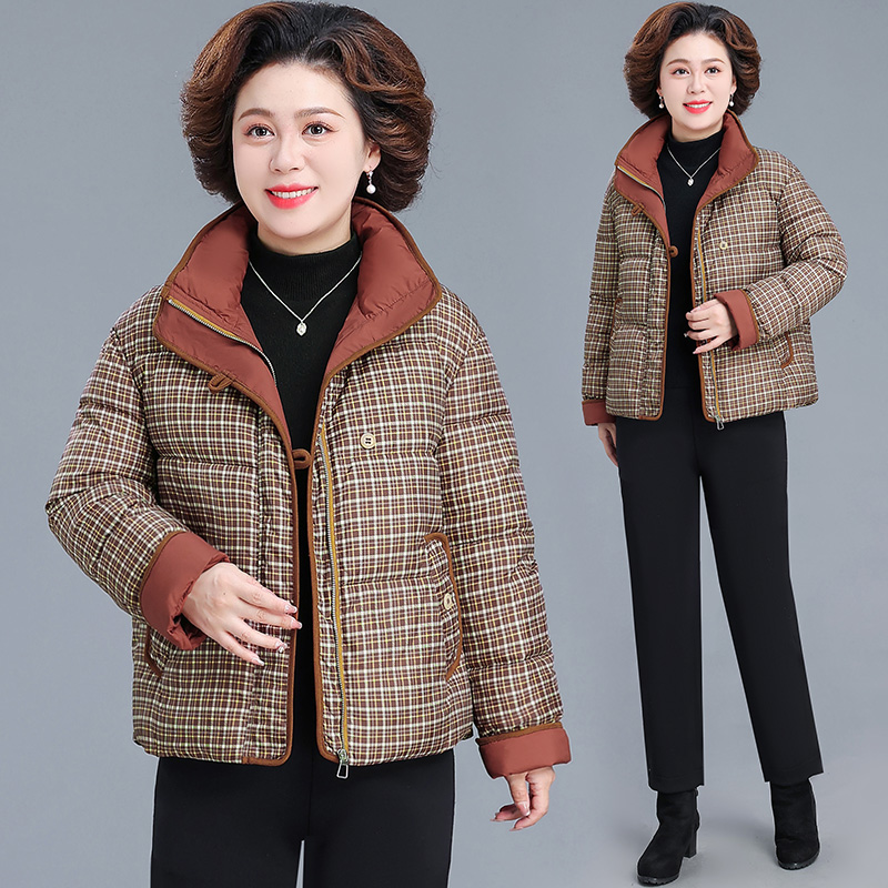 新款拼接立领格子羽绒服女2025冬季时尚洋气白鸭绒加厚保暖外套潮