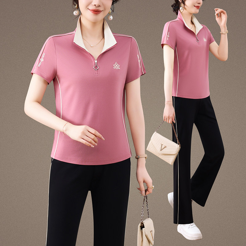 中年人休闲套装女夏2026新款时尚翻领短袖两件套妈妈装运动服薄款