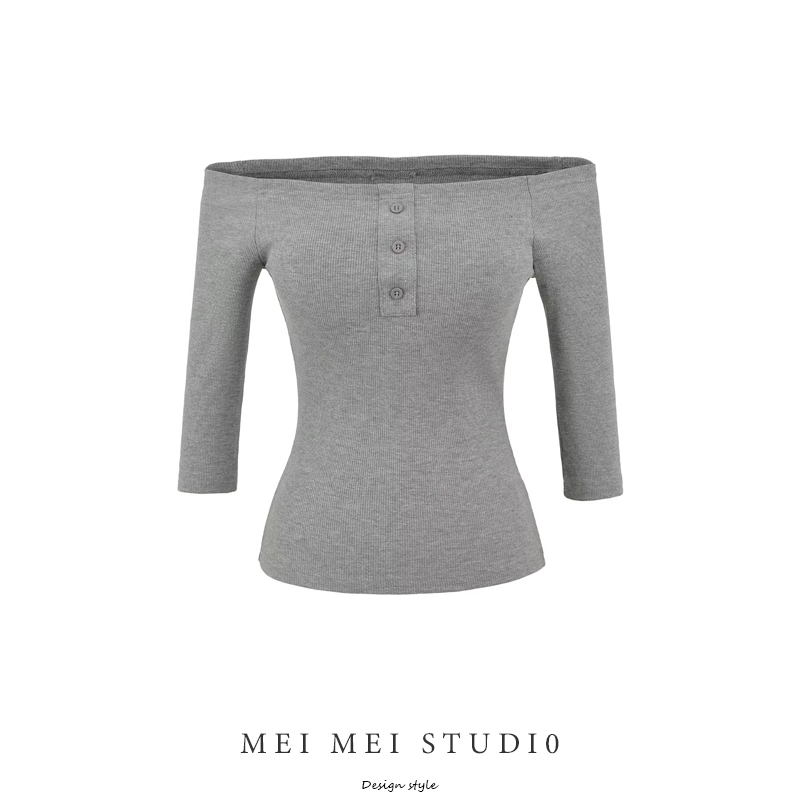 纯欲辣妹性感一字肩七分袖t恤女新款灰色纽扣紧身显瘦打底衫上衣