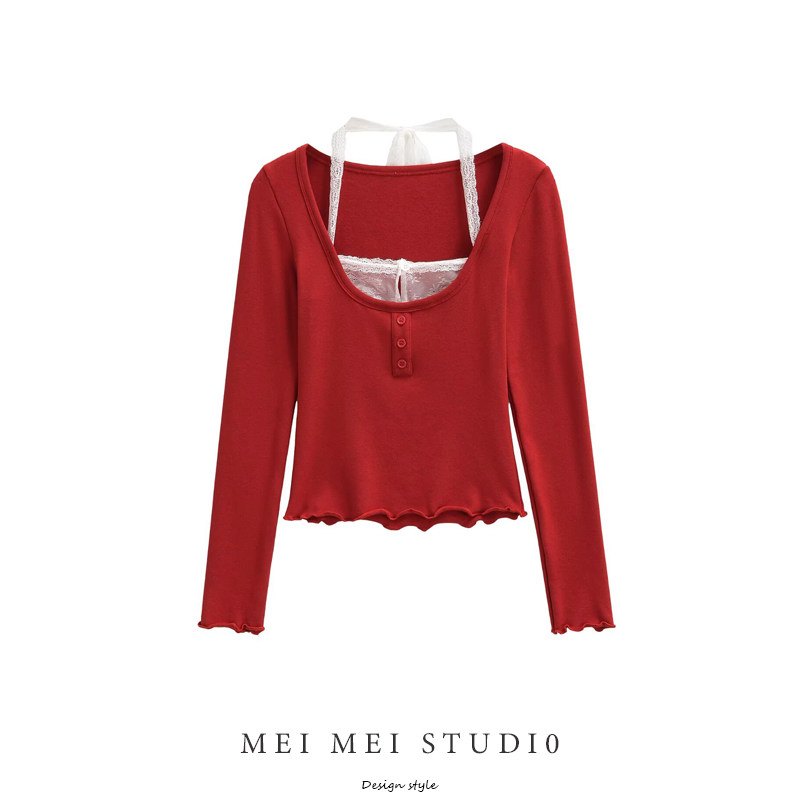红色蕾丝挂脖假两件显瘦T恤