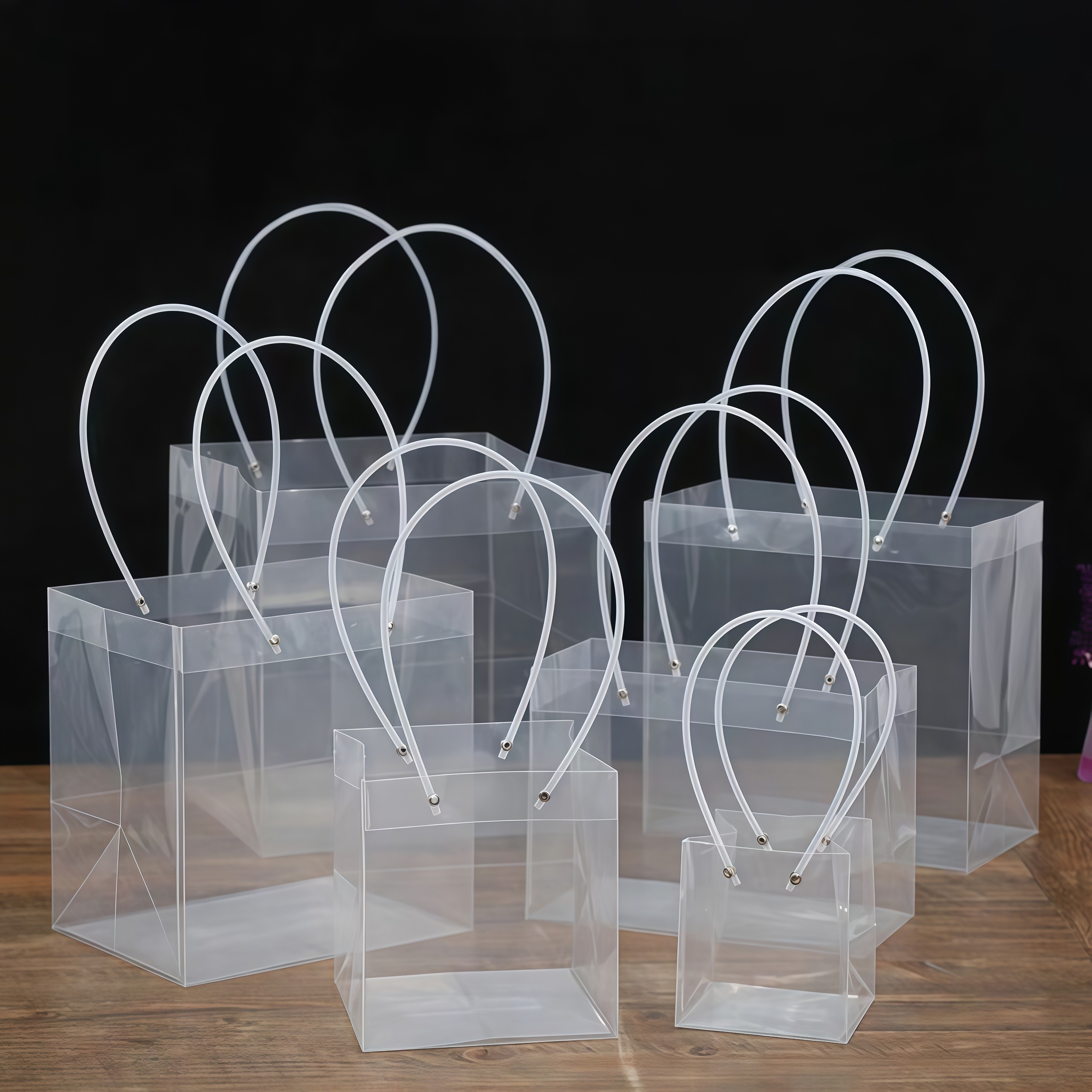 方形透明鲜花手提袋防水PP塑料方形手拎装花袋礼品花束包装袋子