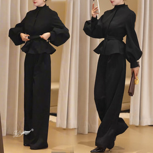 法式气质黑色毛呢套装女2026新款圆领灯笼袖呢子外套阔腿裤两件套