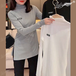 开叉上衣 欧货新款 棉质中长款 长袖 T恤女秋冬遮肉百搭半高领打底衫