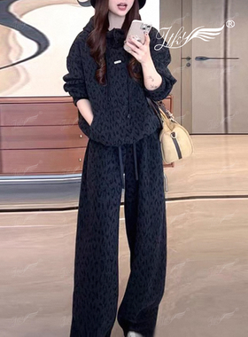 韩系时尚连帽加绒套装2025冬季新款卫衣松紧腰休闲灰色豹纹两件套