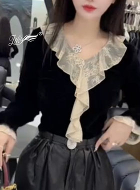 长袖套头微弹喇叭袖V领拼接小衫