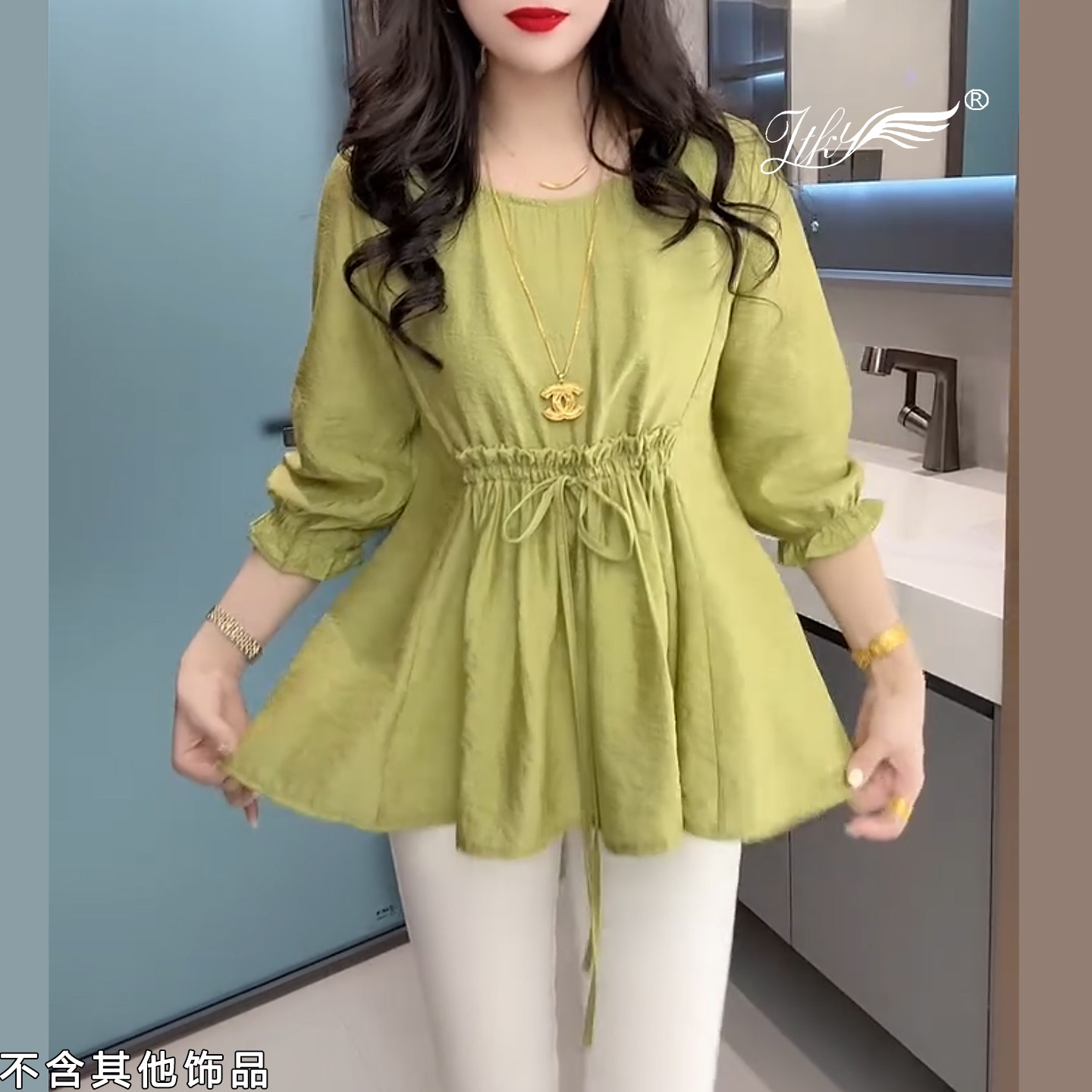 夏季新款圆领七分袖t恤女收腰显瘦中长款上衣漂亮小衫气质打底衫