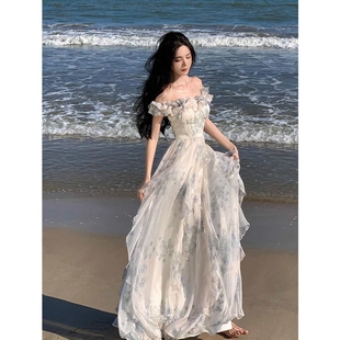 很仙 小个子度假风 一字肩连衣裙女轻奢高级感夏季 小御姐小飞袖