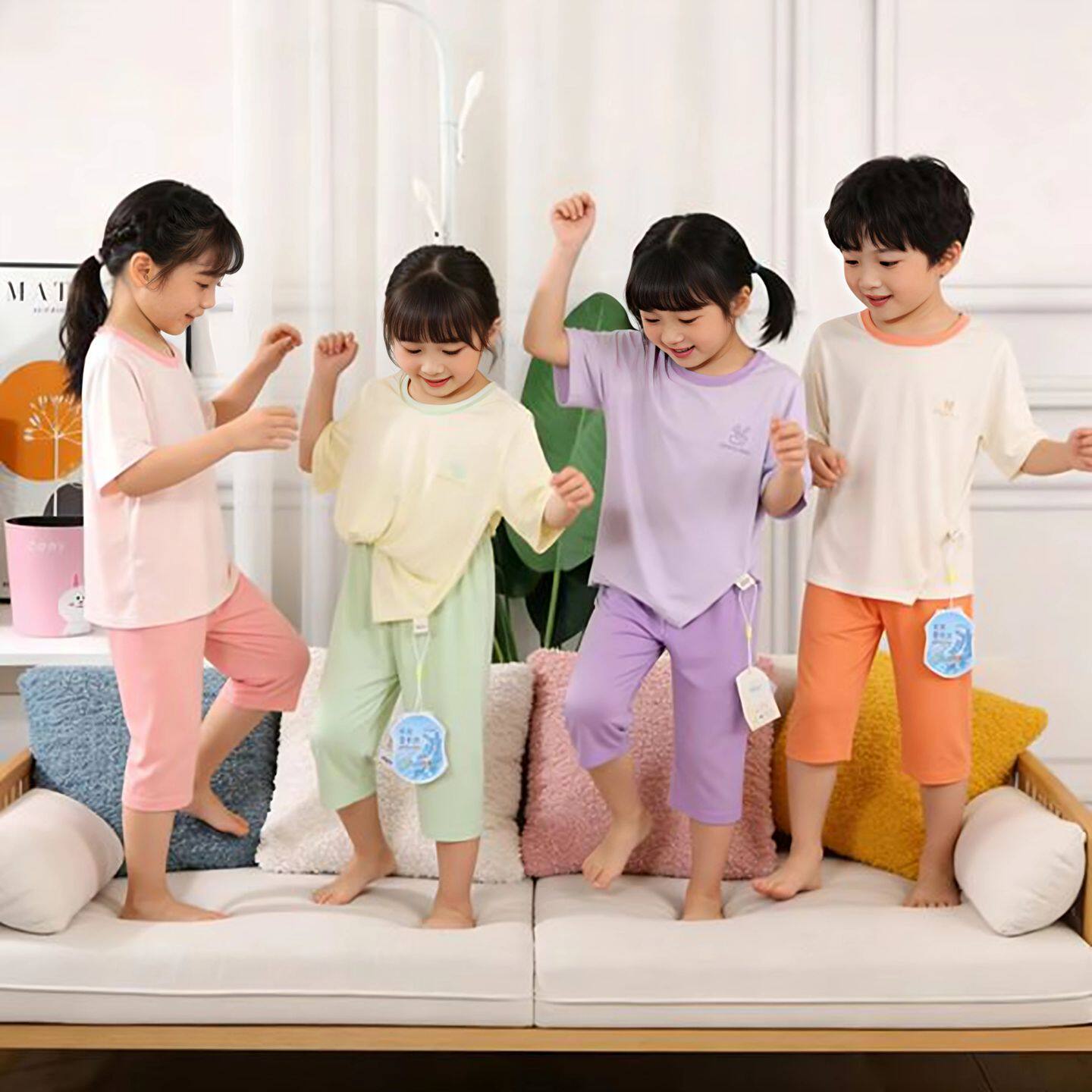 夏季莫代尔儿童家居服套装男女童短袖薄款凉睡衣宝宝空调服七分裤