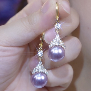 法式秋冬新款紫色流苏耳坠轻奢镶钻紫珍珠耳环紫气东来耳扣耳饰女