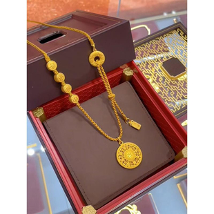 韦雪同款黄金色平安喜乐花丝八宝罗盘项链复古平安扣编织绳毛衣链