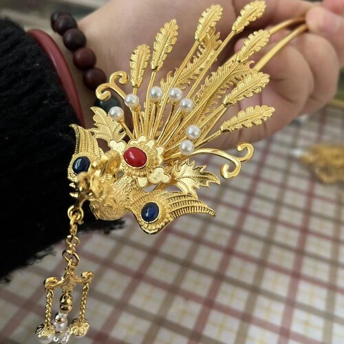 国潮新娘发簪搭配花丝嵌宝步摇分心 凤凰发钗 汉服古装 配饰