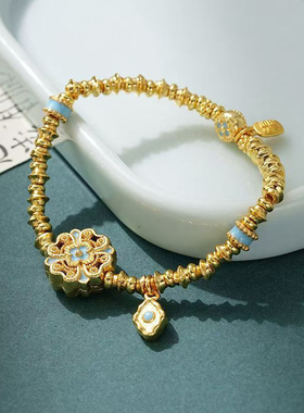 民族风国潮新款宋韵花锦如意黄金柿蒂纹珐琅天青釉色手链女手链