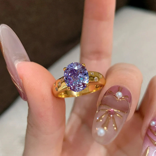 Vintage中古风九紫离火戒指轻奢复古紫气东来鸽子蛋高碳钻指环女