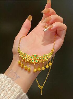 黄金色珐琅锁包项链套链新中式桃花铃铛流苏吊坠百搭轻奢精致