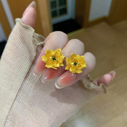 古法黄金色花开富贵牡丹花耳钉女复古高级感婚嫁仿真三金耳环耳饰