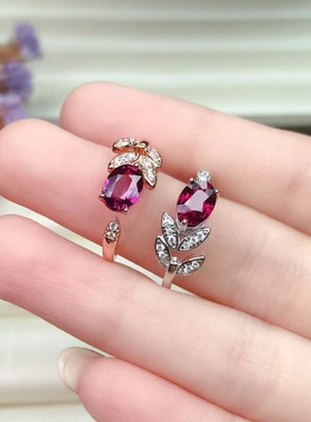 新款天然镁铝石榴石戒指女指环开口戒食指戒S925纯银镶嵌日韩礼物