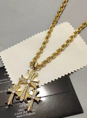 潮轩克罗项链三十字架吊坠梵文项链镶钻十字架个性男女款项链