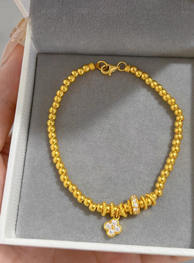 金店同款四叶草跑环光珠手链黄金色四叶草算盘珠手链女沙金手饰品