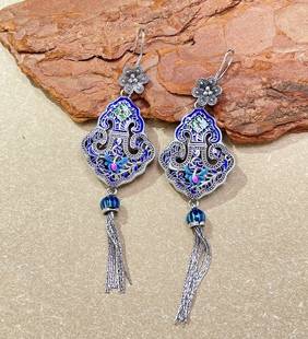 纯银烧蓝如意流苏小花耳环复古民族风滴胶方形立体优雅纯银耳饰