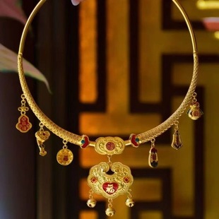 宝宝婴儿周岁长命锁金锁绳圈平安仿真金饰戴金抓周道具项圈编绳