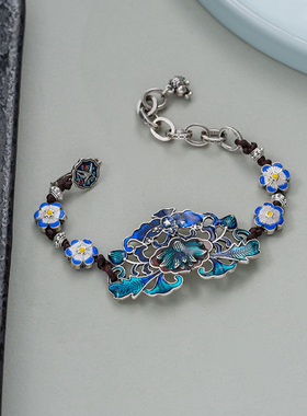 新中式国风珐琅彩景泰蓝莲花手链女复古宫廷风手饰旗袍汉服手链