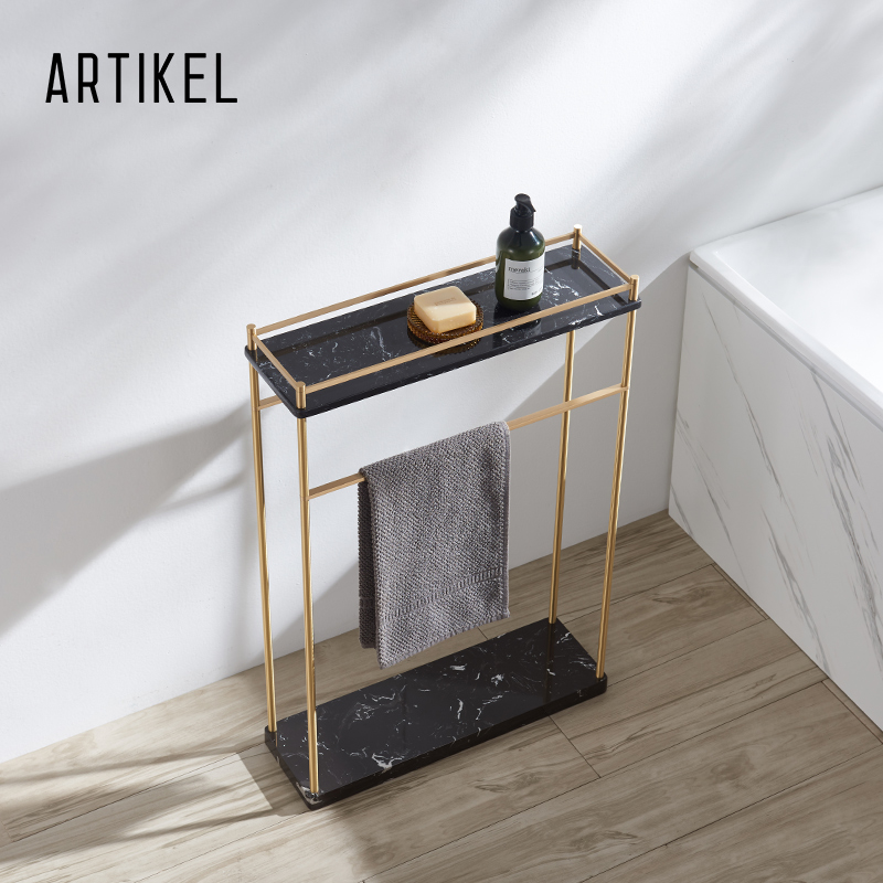 黄铜大理石免打孔落地置物毛巾架