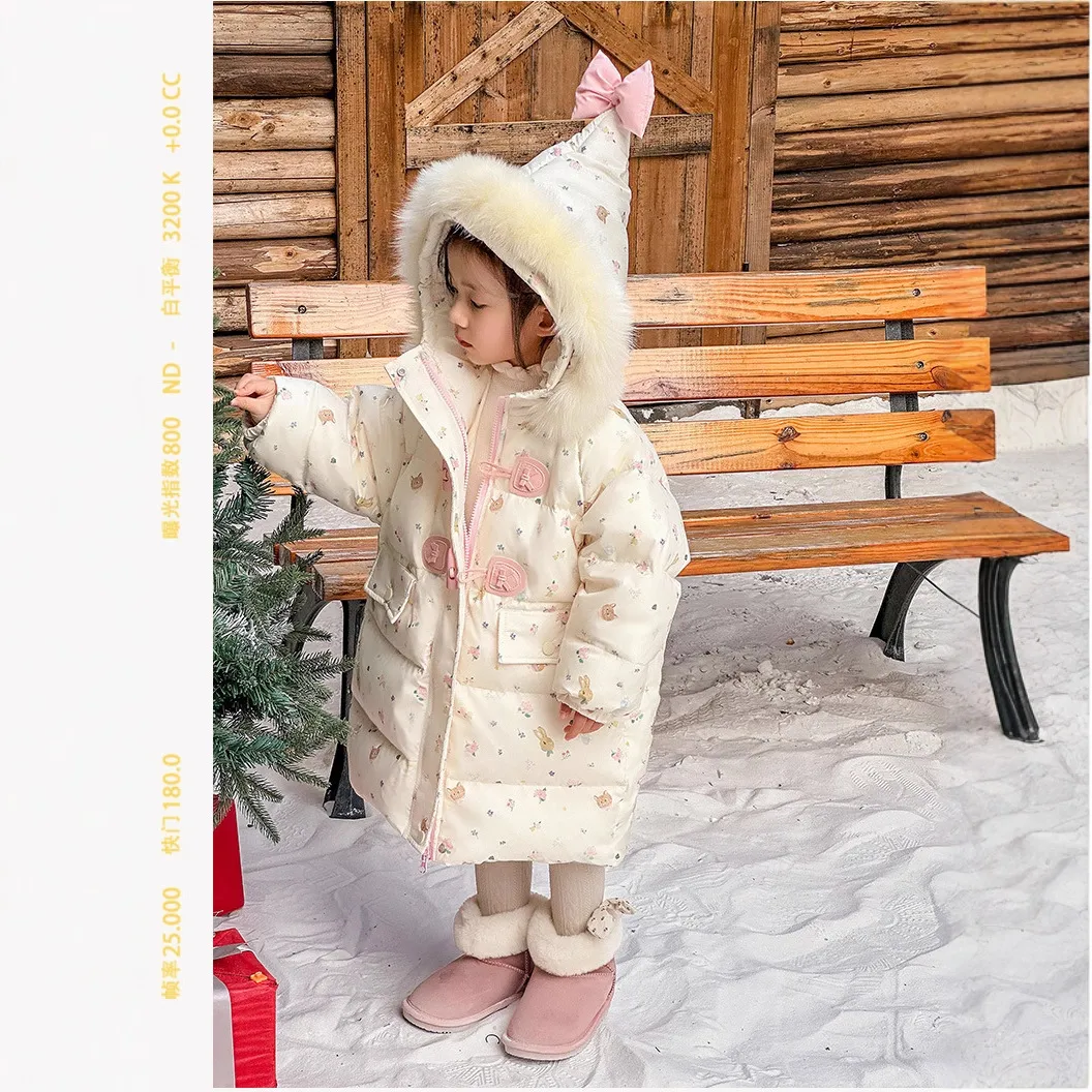 冬季女宝中长款羽绒服新款儿童装中小童加厚保暖外套冬装女孩连帽