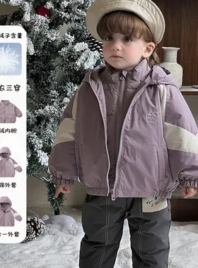 男童三合一连帽冲锋衣冬款婴幼儿防寒羽绒内胆 a类男宝宝夹棉外套